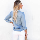 Denim Long Sleeve Casual Turn-down Collar Top Silver Sam