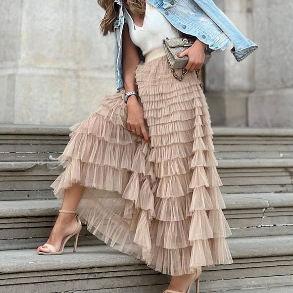 Elegant Elastic Waist Cake Long Skirt