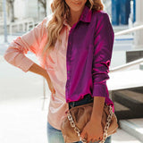 Turn-down Collar Fashion Patchwork Satin Blouse Silver Sam