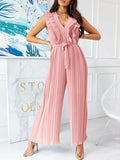 Waist Lace-up Belt Jumper V Neck Ruffles Layered Office Overall
