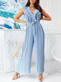 Waist Lace-up Belt Jumper V Neck Ruffles Layered Office Overall