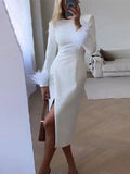 Elegant White Feather Long Sleeve Midi Dress Silver Sam