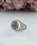Filigree Art Gray Moonstone Gemstone Women Crown Silver Statement Ring