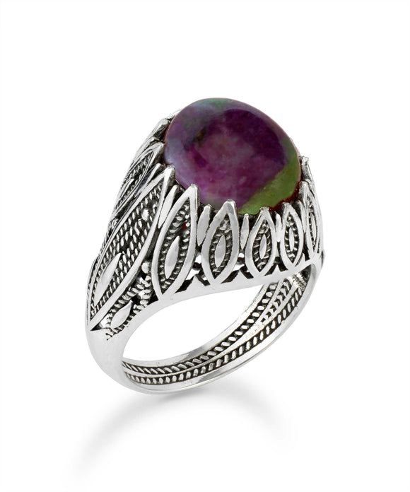 Filigree Art Ruby Zoisite Gemstone Women Silver Statement Ring