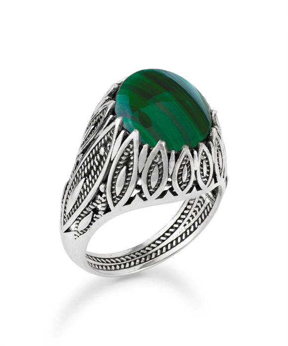 Filigree Art Malachite Gemstone Women Silver Statement Ring