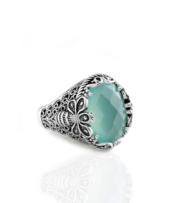 Filigree Art Bee Detailed Aqua Chalcedony Gemstone Women Silver