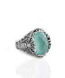 Filigree Art Bee Detailed Aqua Chalcedony Gemstone Women Silver