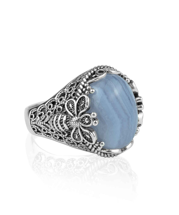 Filigree Art Bee Detailed Blue Lace Agate Gemstone Women Silver