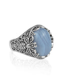 Filigree Art Bee Detailed Blue Lace Agate Gemstone Women Silver
