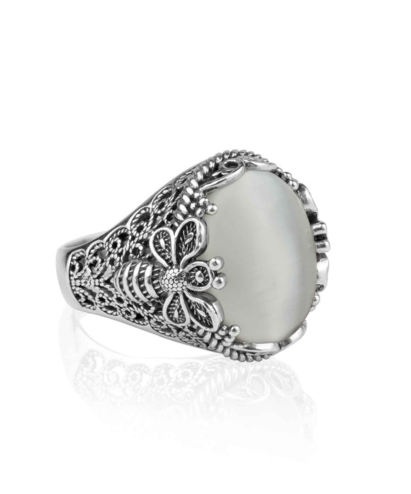 Filigree Art Bee Detailed Mother Of Pearl Gemstone Women Silver