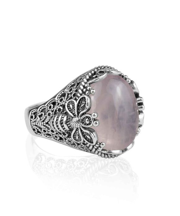 Filigree Art Bee Detailed Rose Quartz Gemstone Women Silver Statement