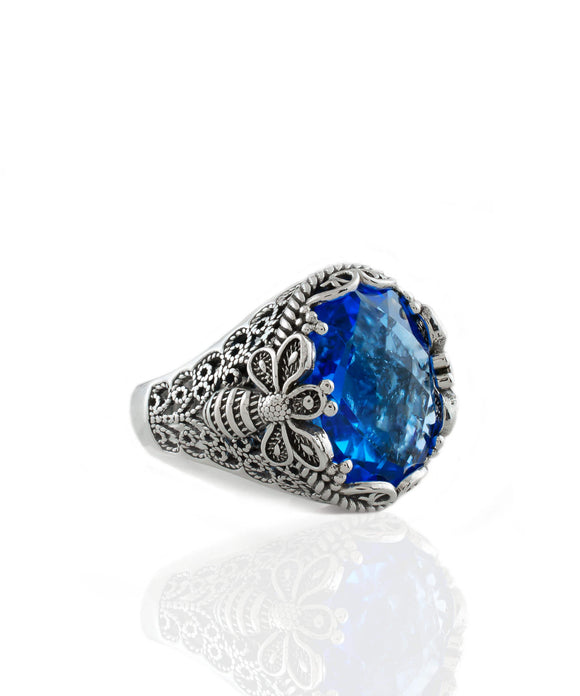 Filigree Art Bee Detailed Blue Quartz Gemstone Women Silver Statement