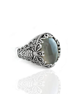 Filigree Art Bee Detailed Gray Moonstone Gemstone Women Silver