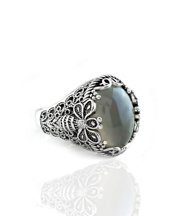 Filigree Art Bee Detailed Gray Moonstone Gemstone Women Silver