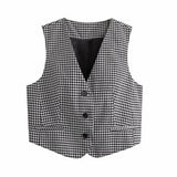 Black Plaid Vest V-Neck Sleeveless Chic Top Silver Sam