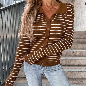 Striped Knitted Cardigan Turn-down Collar Button Knit Sweater