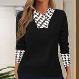 Fashion Patchwork Houndstooth Print Women's Tee Sweatshirt Silver Sam