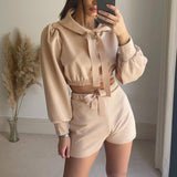 Long Sleeve Hooded Tie Top & Shorts Set Silver Sam