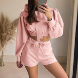 Long Sleeve Hooded Tie Top & Shorts Set Silver Sam