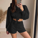 Long Sleeve Hooded Tie Top & Shorts Set Silver Sam