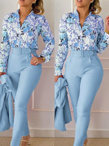 Print Shirt Top & High Waist Pants Set