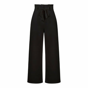 Belt Waist Elastic Wide Leg Black Long Pants