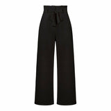 Belt Waist Elastic Wide Leg Black Long Pants