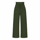 Belt Waist Elastic Wide Leg Black Long Pants