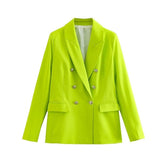 Double Breasted Padded  Office Lady Black Basic Blazer Silver Sam