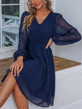 Navy Blue Polka Dot Button V Neck Transparent Dress Silver Sam
