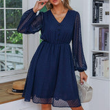 Navy Blue Polka Dot Button V Neck Transparent Dress Silver Sam