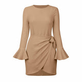 O Neck Knitted Khaki Bowknot Flare Sleeve Bodycon Women Dress Silver Sam