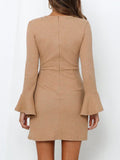 O Neck Knitted Khaki Bowknot Flare Sleeve Bodycon Women Dress Silver Sam