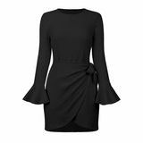 O Neck Knitted Khaki Bowknot Flare Sleeve Bodycon Women Dress Silver Sam
