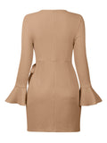 O Neck Knitted Khaki Bowknot Flare Sleeve Bodycon Women Dress Silver Sam