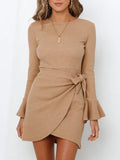 O Neck Knitted Khaki Bowknot Flare Sleeve Bodycon Women Dress Silver Sam
