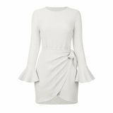 O Neck Knitted Khaki Bowknot Flare Sleeve Bodycon Women Dress Silver Sam