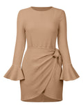 O Neck Knitted Khaki Bowknot Flare Sleeve Bodycon Women Dress Silver Sam