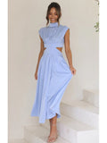 Stand Collar Waist Cut Out Midi Dress Silver Sam