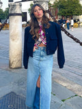 Straight Denim Maxi Skirt with Tassel Trim & Slit