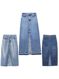 Straight Denim Maxi Skirt with Tassel Trim & Slit