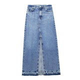 Straight Denim Maxi Skirt with Tassel Trim & Slit