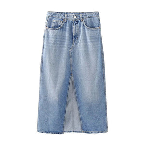 Straight Denim Maxi Skirt with Tassel Trim & Slit