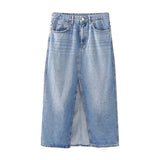 Straight Denim Maxi Skirt with Tassel Trim & Slit