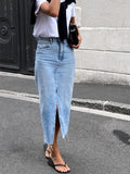 Straight Denim Maxi Skirt with Tassel Trim & Slit