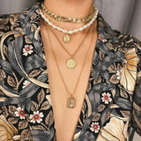 4 Piece Necklace Set: Choker, Pearl, Coin, Pendant 18K Gold Plated