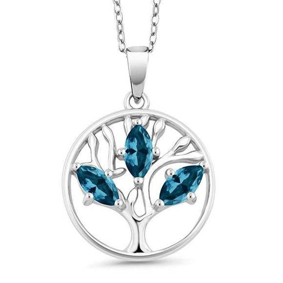 Motherly Blue Topaz Tree of Life Necklace 18K White Gold Plated Pear Iphigenia