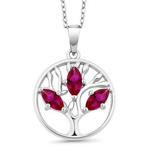 Motherly Ruby Pear Cut Tree of Life Necklace 18K White Gold