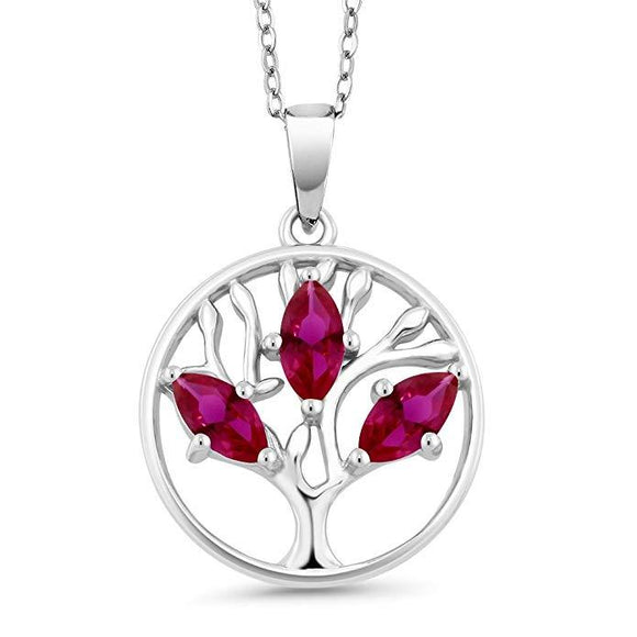 Motherly Ruby Pear Cut Tree of Life Necklace 18K White Gold