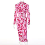 Long Sleeve Printed Bodycon Pink Pencil Midi Dress Silver Sam